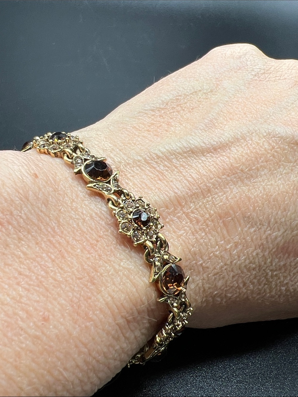 Vintage Monet Amber Topaz Rhinestone Floral Bracelet 7.5” Gold Tone - Picture 12 of 12